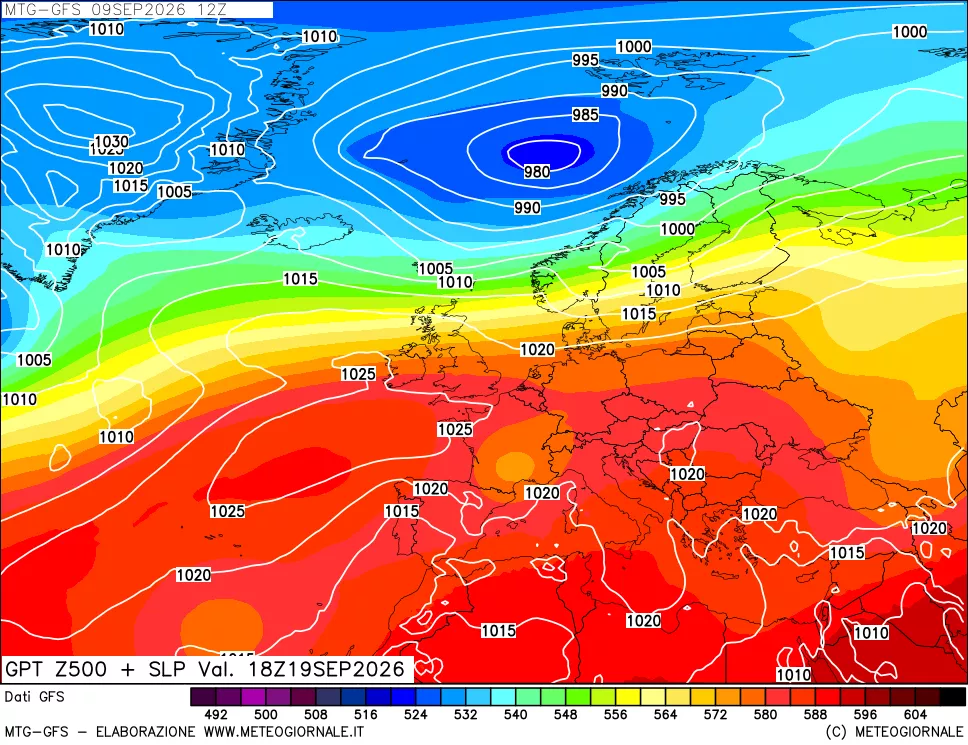 mappa GFS: Geopotenziale a 500 hPa + Pressione sul livello del mare