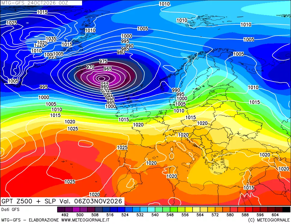 mappa GFS: Geopotenziale a 500 hPa + Pressione sul livello del mare