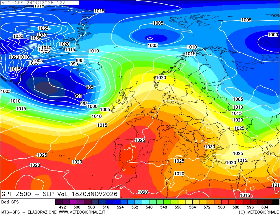 mappa GFS: Geopotenziale a 500 hPa + Pressione sul livello del mare