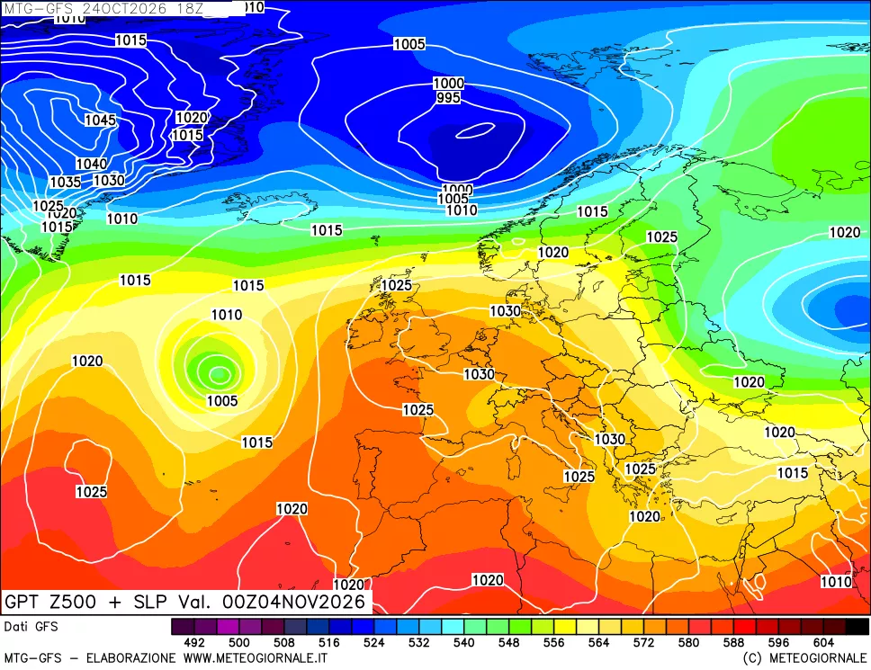 mappa GFS: Geopotenziale a 500 hPa + Pressione sul livello del mare
