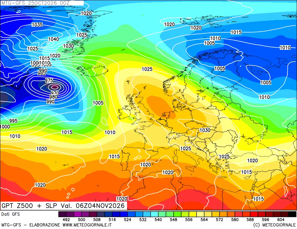 mappa GFS: Geopotenziale a 500 hPa + Pressione sul livello del mare