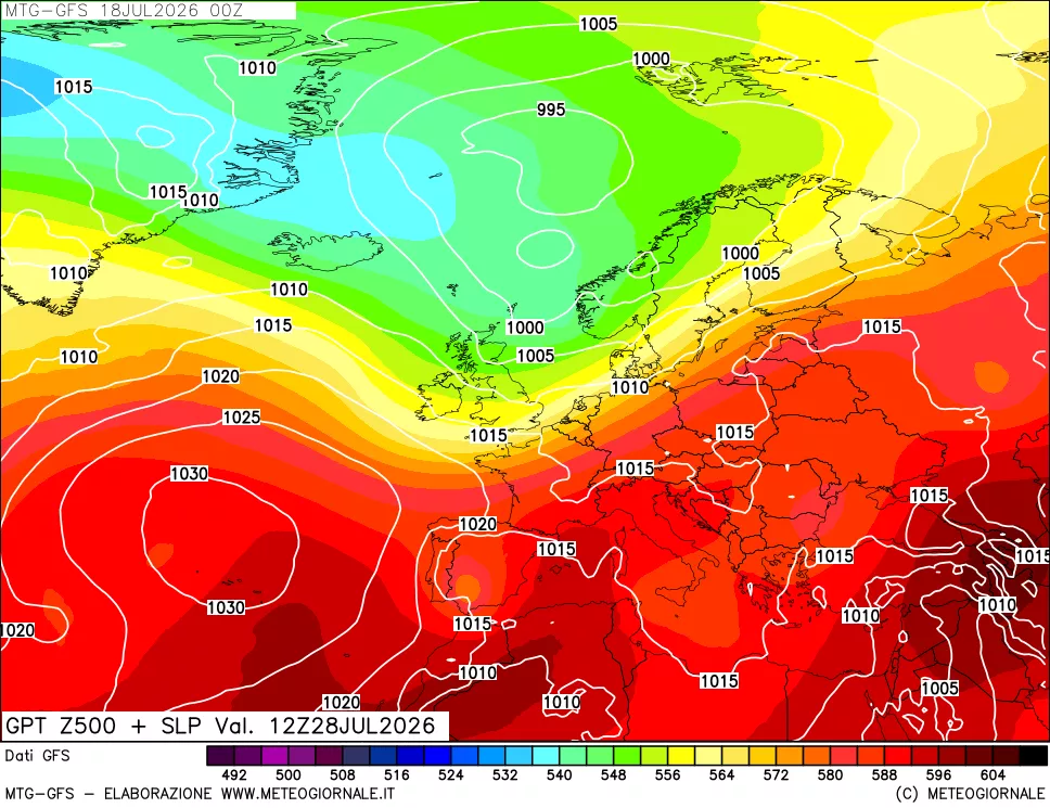 mappa GFS: Geopotenziale a 500 hPa + Pressione sul livello del mare