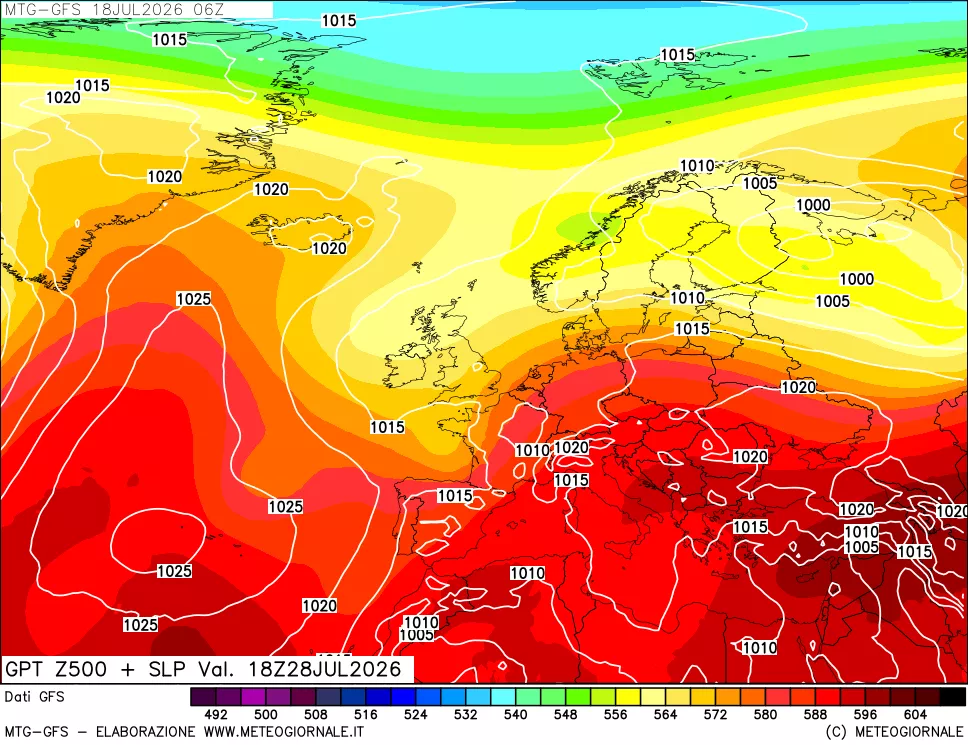 mappa GFS: Geopotenziale a 500 hPa + Pressione sul livello del mare