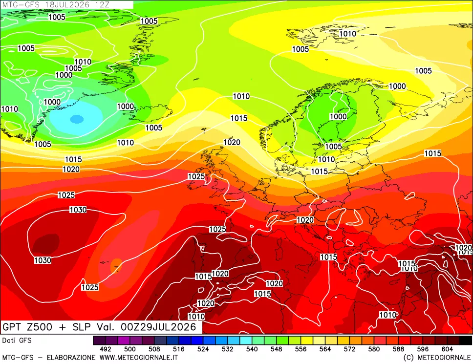 mappa GFS: Geopotenziale a 500 hPa + Pressione sul livello del mare