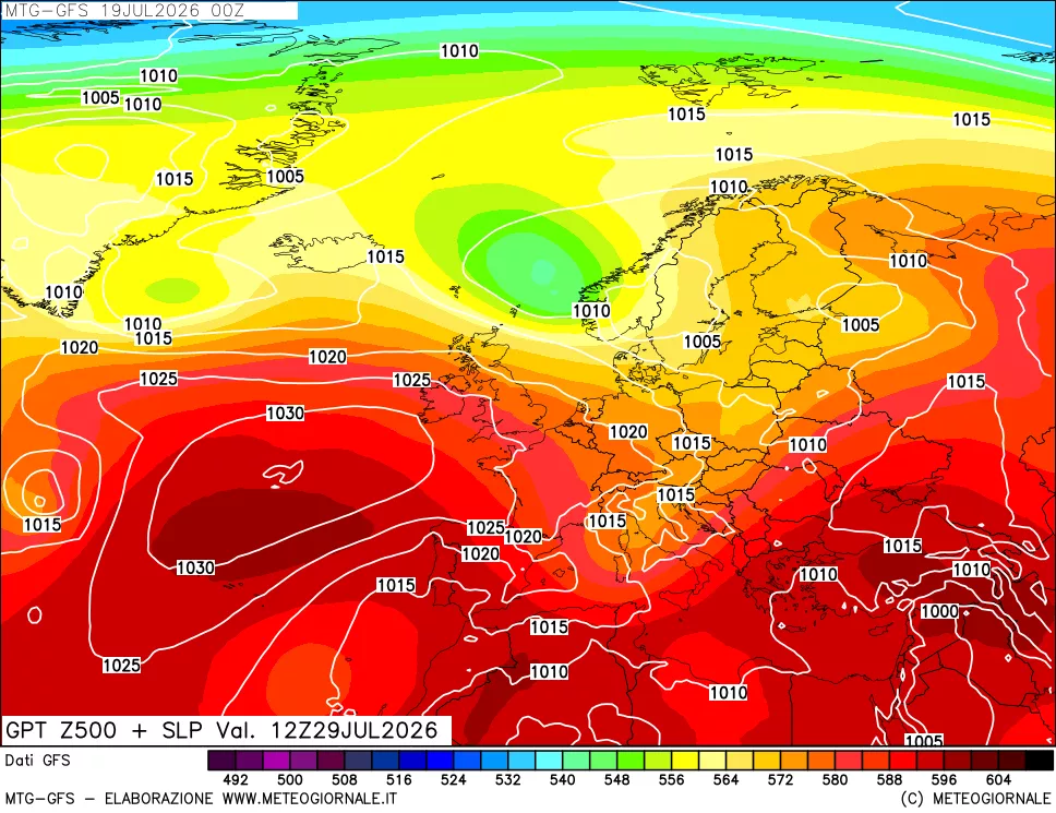 mappa GFS: Geopotenziale a 500 hPa + Pressione sul livello del mare