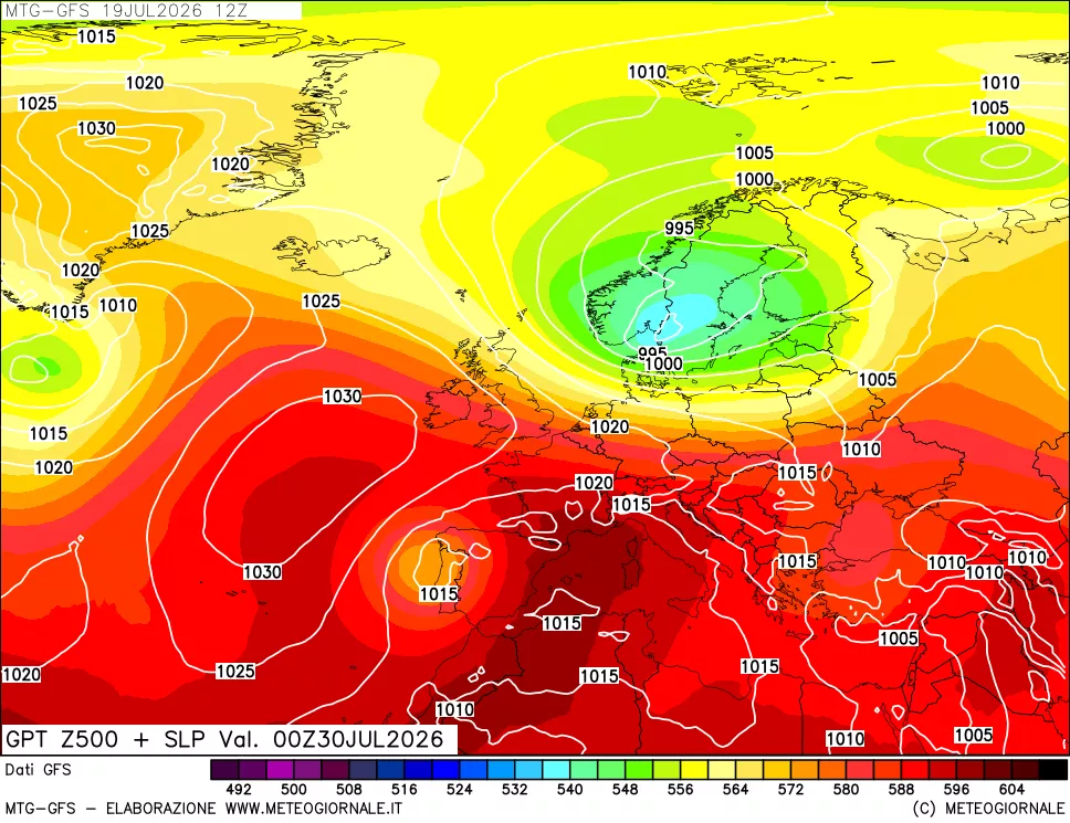 mappa GFS: Geopotenziale a 500 hPa + Pressione sul livello del mare