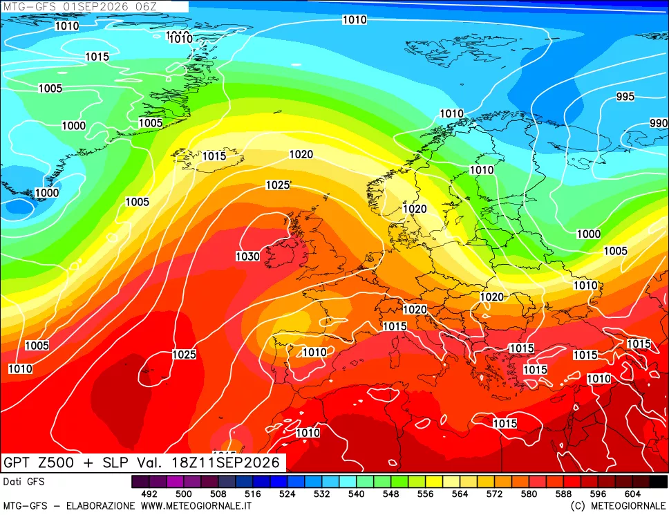 mappa GFS: Geopotenziale a 500 hPa + Pressione sul livello del mare