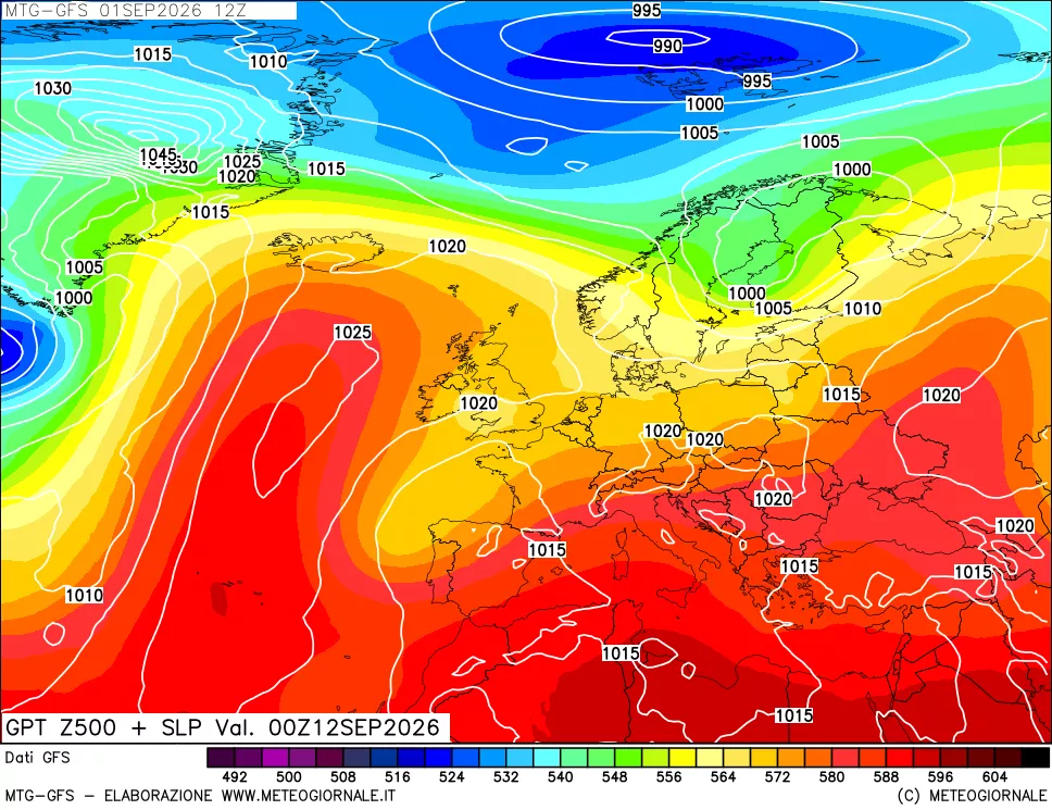 mappa GFS: Geopotenziale a 500 hPa + Pressione sul livello del mare