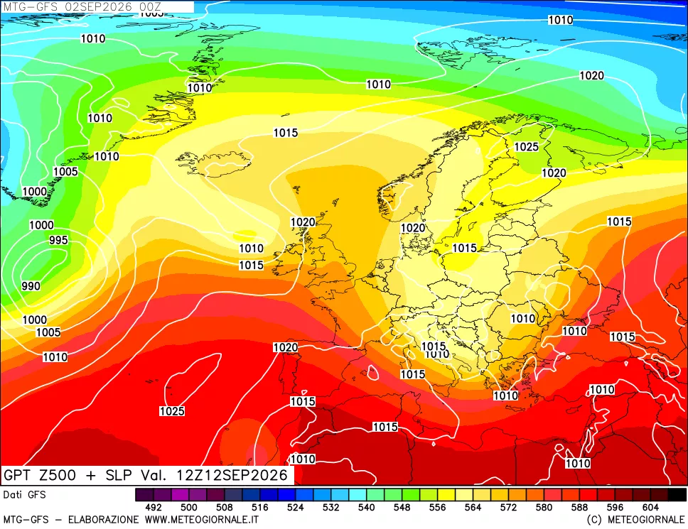 mappa GFS: Geopotenziale a 500 hPa + Pressione sul livello del mare