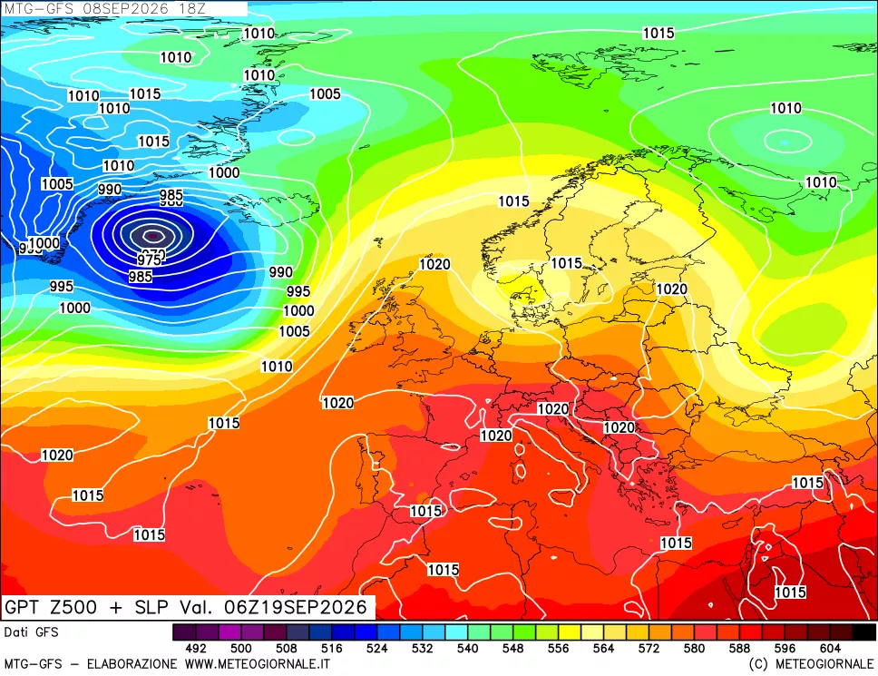 mappa GFS: Geopotenziale a 500 hPa + Pressione sul livello del mare