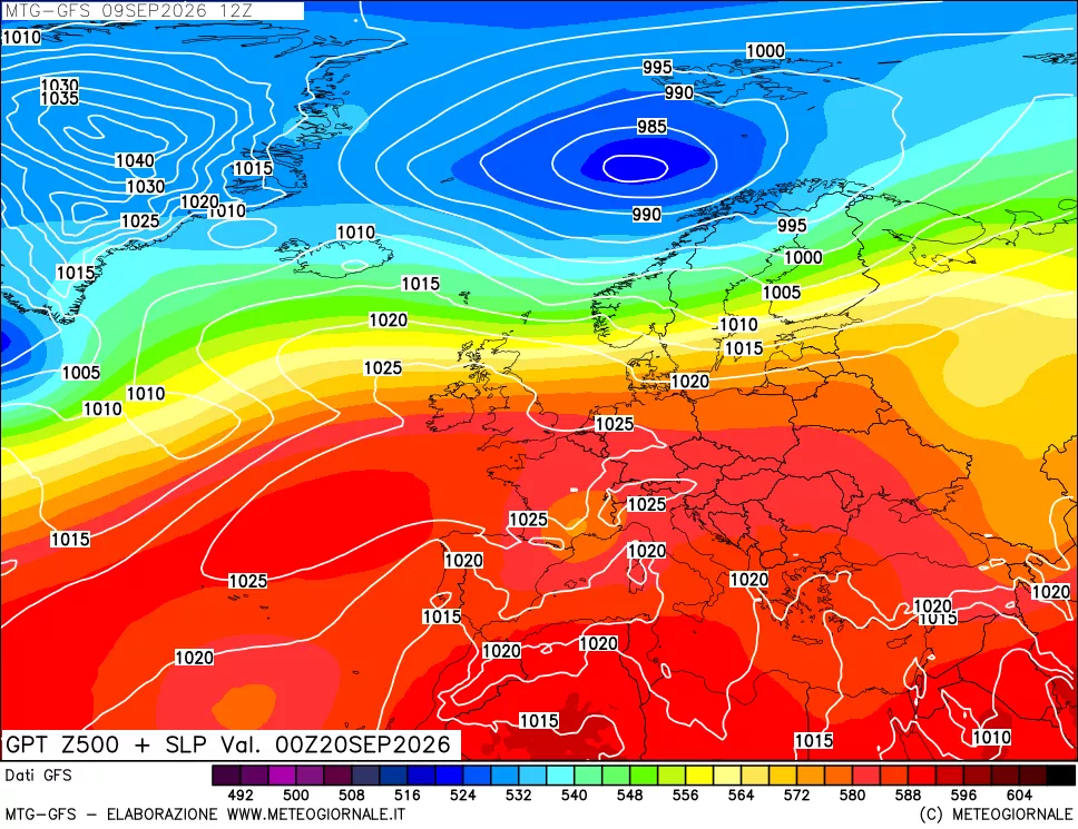 mappa GFS: Geopotenziale a 500 hPa + Pressione sul livello del mare