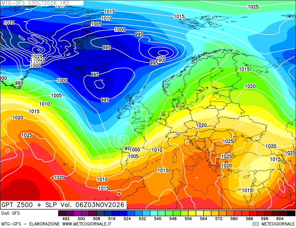 mappa GFS: Geopotenziale a 500 hPa + Pressione sul livello del mare