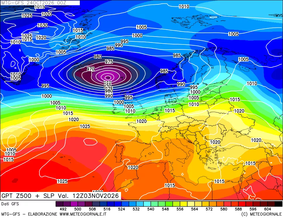 mappa GFS: Geopotenziale a 500 hPa + Pressione sul livello del mare