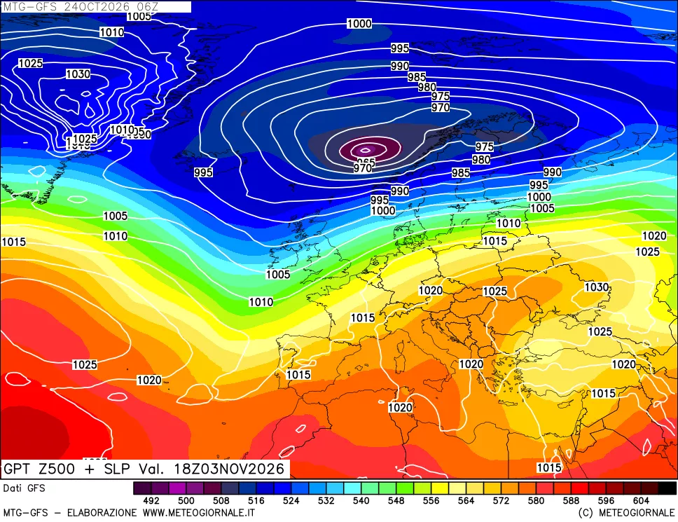 mappa GFS: Geopotenziale a 500 hPa + Pressione sul livello del mare