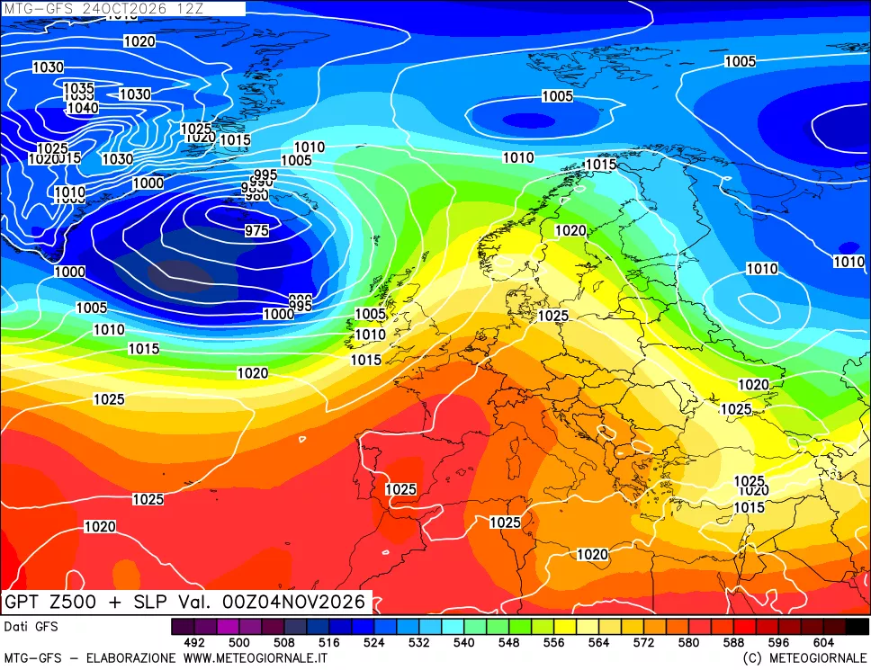 mappa GFS: Geopotenziale a 500 hPa + Pressione sul livello del mare