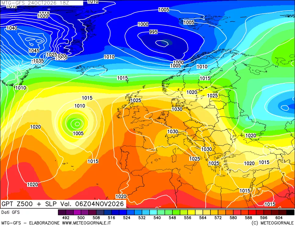 mappa GFS: Geopotenziale a 500 hPa + Pressione sul livello del mare