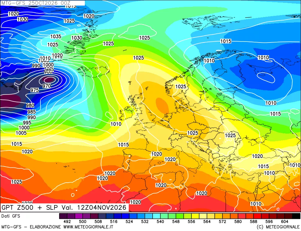 mappa GFS: Geopotenziale a 500 hPa + Pressione sul livello del mare