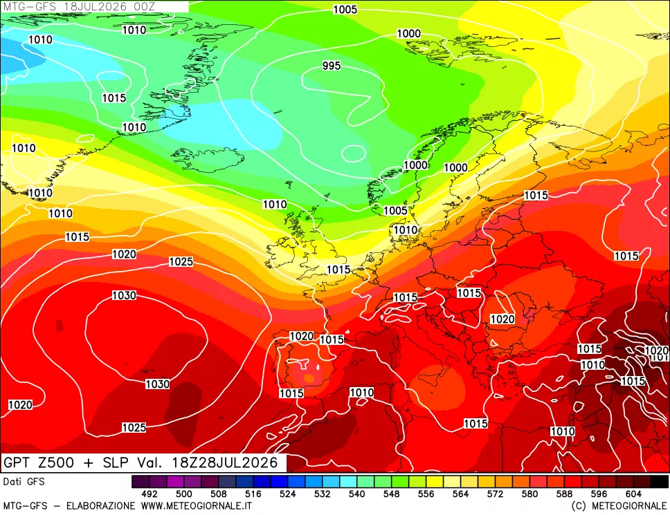 mappa GFS: Geopotenziale a 500 hPa + Pressione sul livello del mare