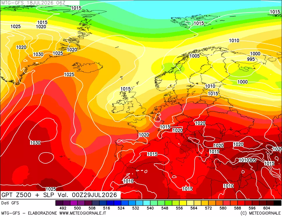 mappa GFS: Geopotenziale a 500 hPa + Pressione sul livello del mare