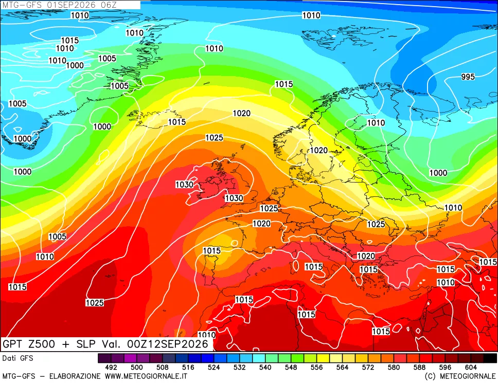 mappa GFS: Geopotenziale a 500 hPa + Pressione sul livello del mare