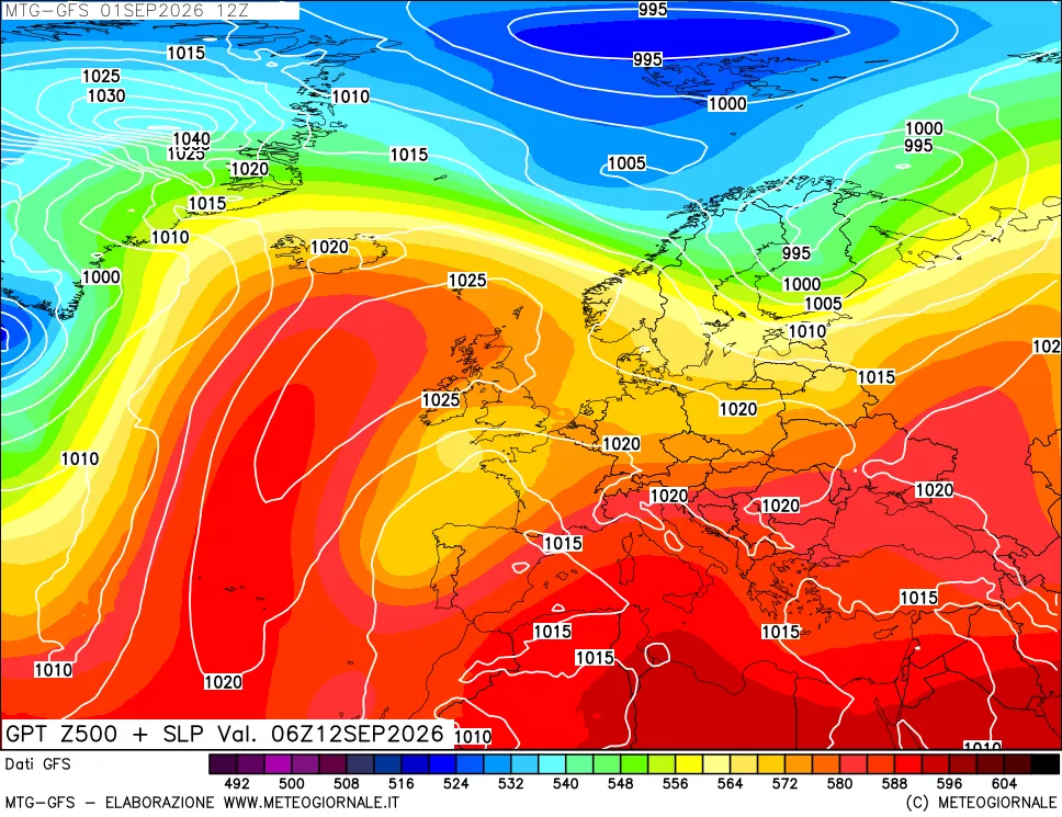 mappa GFS: Geopotenziale a 500 hPa + Pressione sul livello del mare