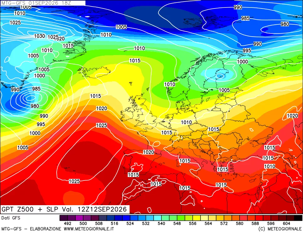 mappa GFS: Geopotenziale a 500 hPa + Pressione sul livello del mare