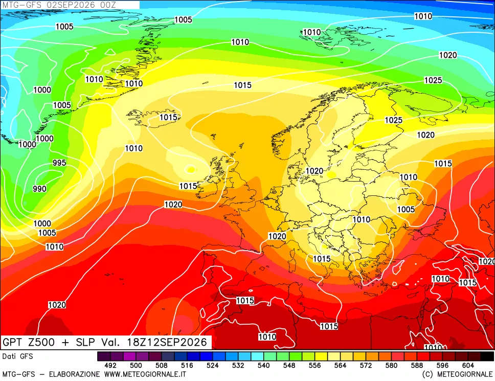 mappa GFS: Geopotenziale a 500 hPa + Pressione sul livello del mare