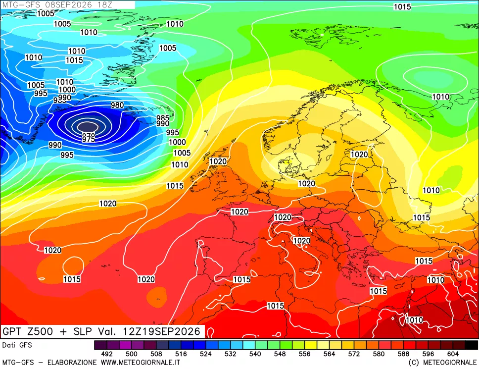 mappa GFS: Geopotenziale a 500 hPa + Pressione sul livello del mare