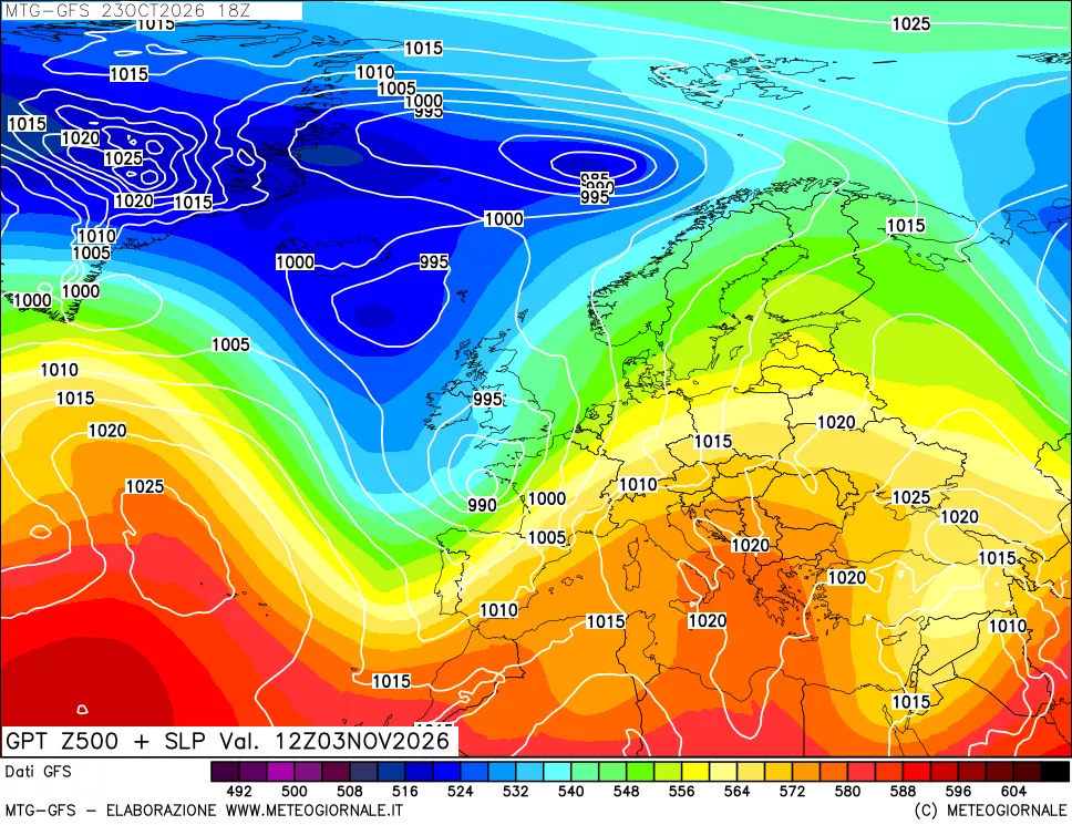 mappa GFS: Geopotenziale a 500 hPa + Pressione sul livello del mare