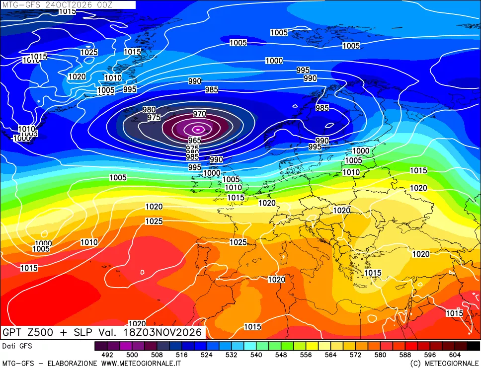 mappa GFS: Geopotenziale a 500 hPa + Pressione sul livello del mare