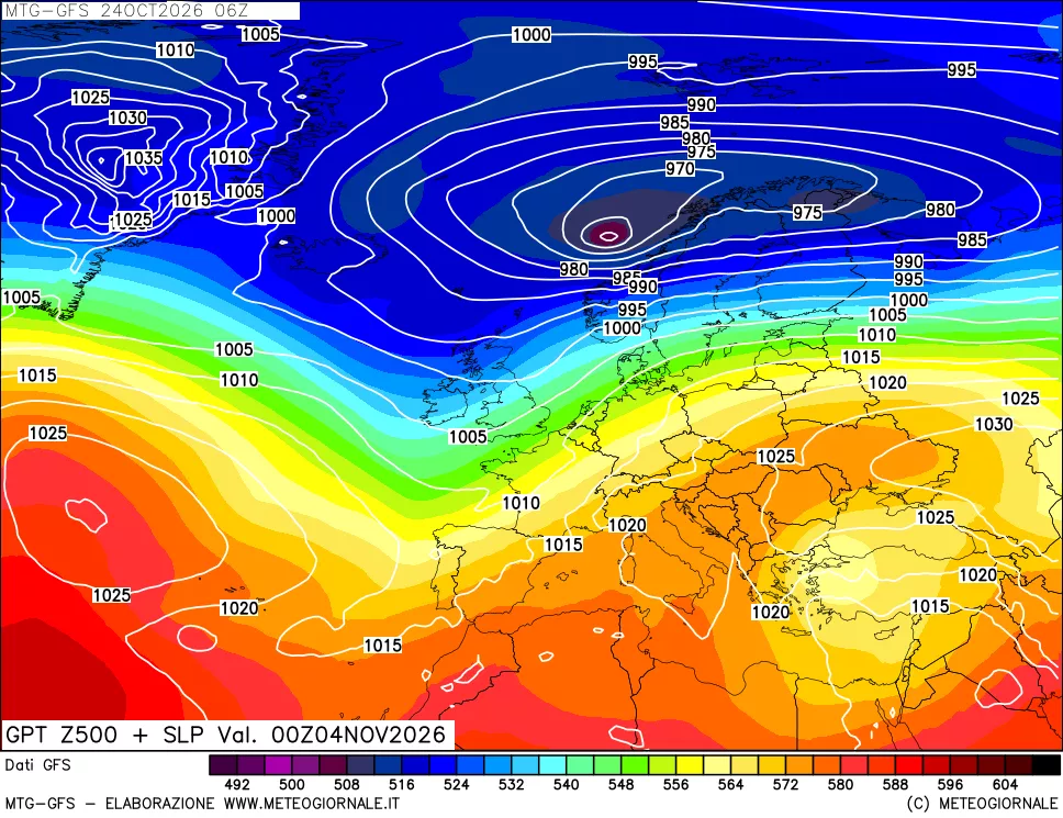 mappa GFS: Geopotenziale a 500 hPa + Pressione sul livello del mare