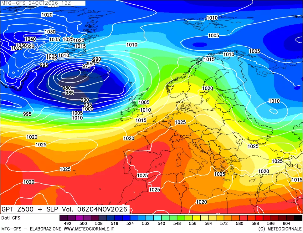 mappa GFS: Geopotenziale a 500 hPa + Pressione sul livello del mare