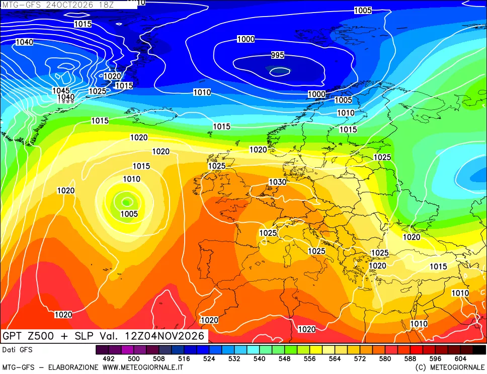 mappa GFS: Geopotenziale a 500 hPa + Pressione sul livello del mare