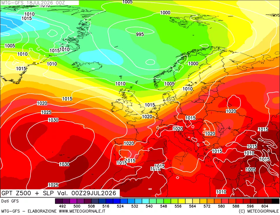 mappa GFS: Geopotenziale a 500 hPa + Pressione sul livello del mare