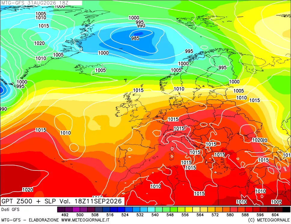 mappa GFS: Geopotenziale a 500 hPa + Pressione sul livello del mare