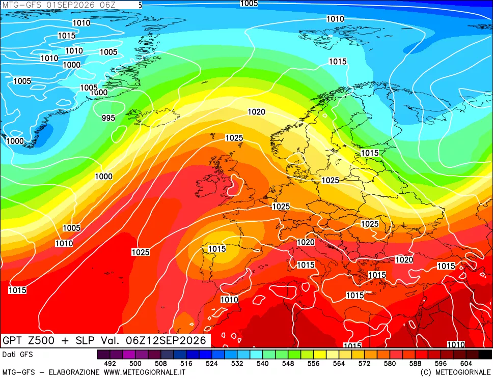 mappa GFS: Geopotenziale a 500 hPa + Pressione sul livello del mare