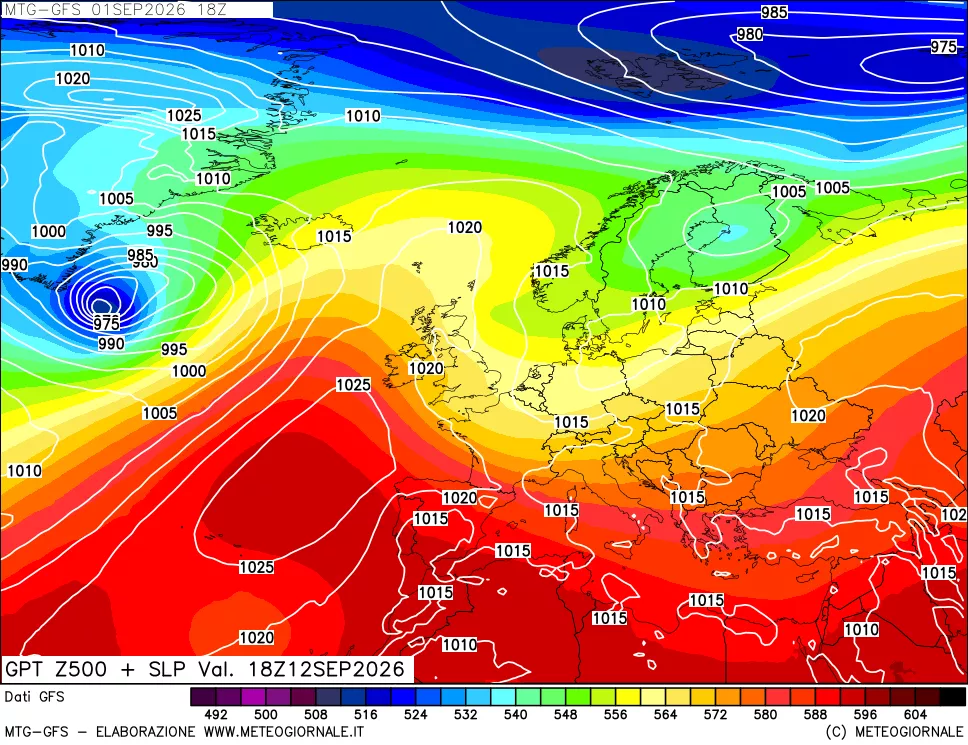 mappa GFS: Geopotenziale a 500 hPa + Pressione sul livello del mare