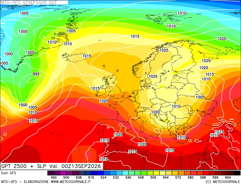 mappa GFS: Geopotenziale a 500 hPa + Pressione sul livello del mare