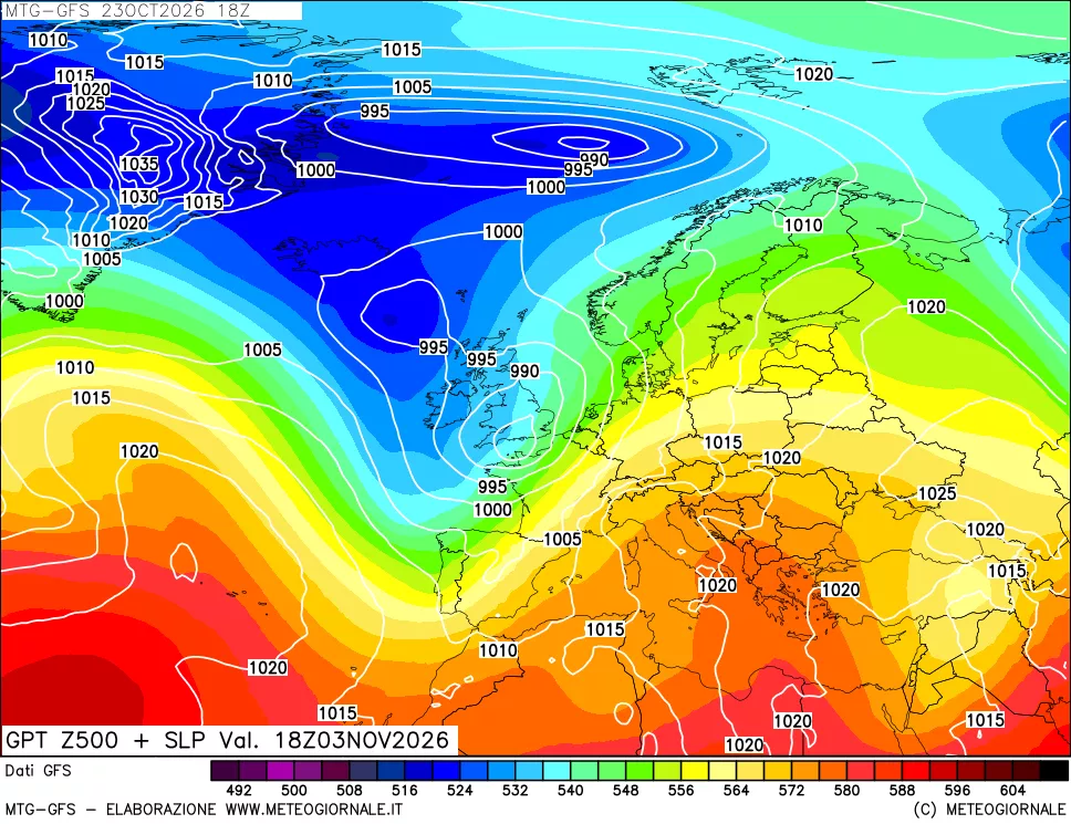 mappa GFS: Geopotenziale a 500 hPa + Pressione sul livello del mare