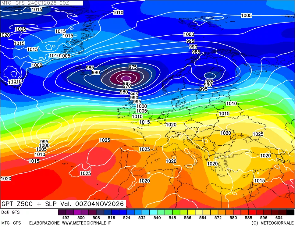 mappa GFS: Geopotenziale a 500 hPa + Pressione sul livello del mare