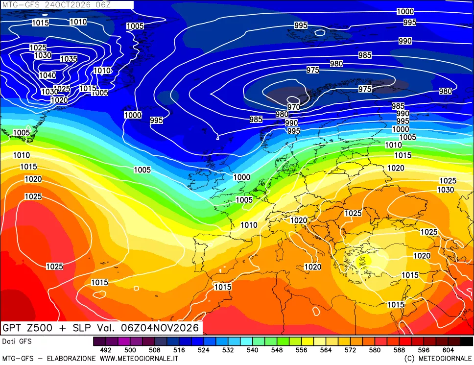 mappa GFS: Geopotenziale a 500 hPa + Pressione sul livello del mare