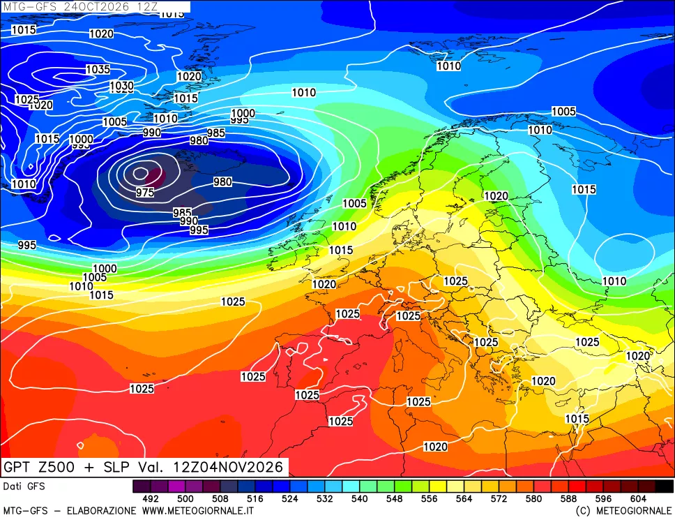 mappa GFS: Geopotenziale a 500 hPa + Pressione sul livello del mare