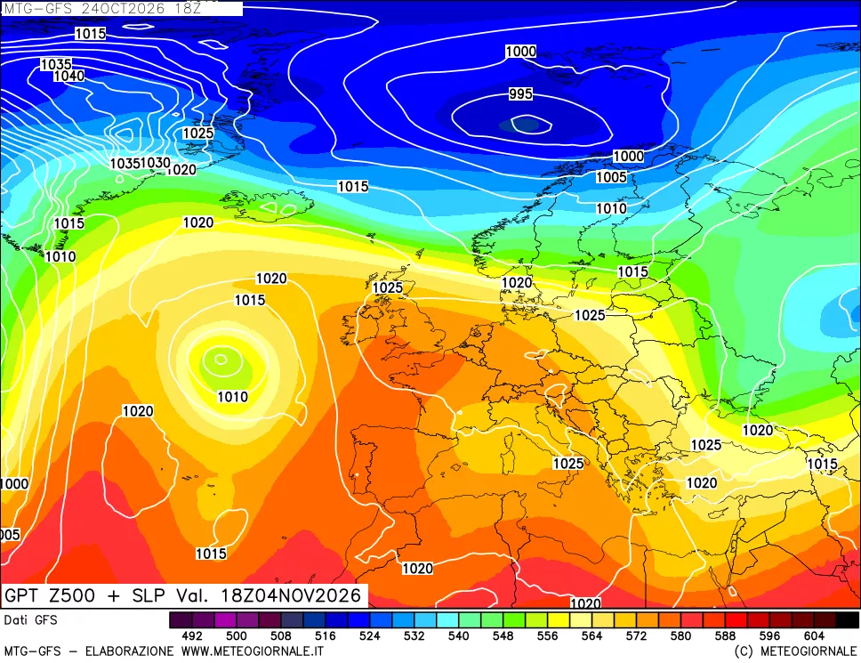 mappa GFS: Geopotenziale a 500 hPa + Pressione sul livello del mare