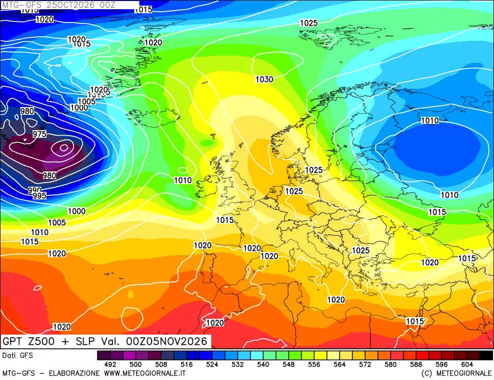 mappa GFS: Geopotenziale a 500 hPa + Pressione sul livello del mare