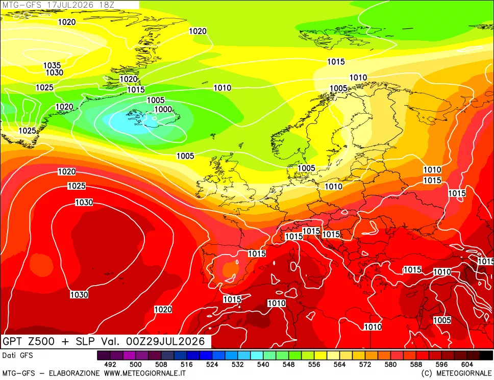 mappa GFS: Geopotenziale a 500 hPa + Pressione sul livello del mare