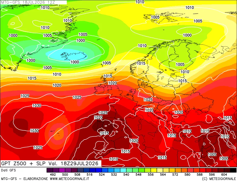 mappa GFS: Geopotenziale a 500 hPa + Pressione sul livello del mare