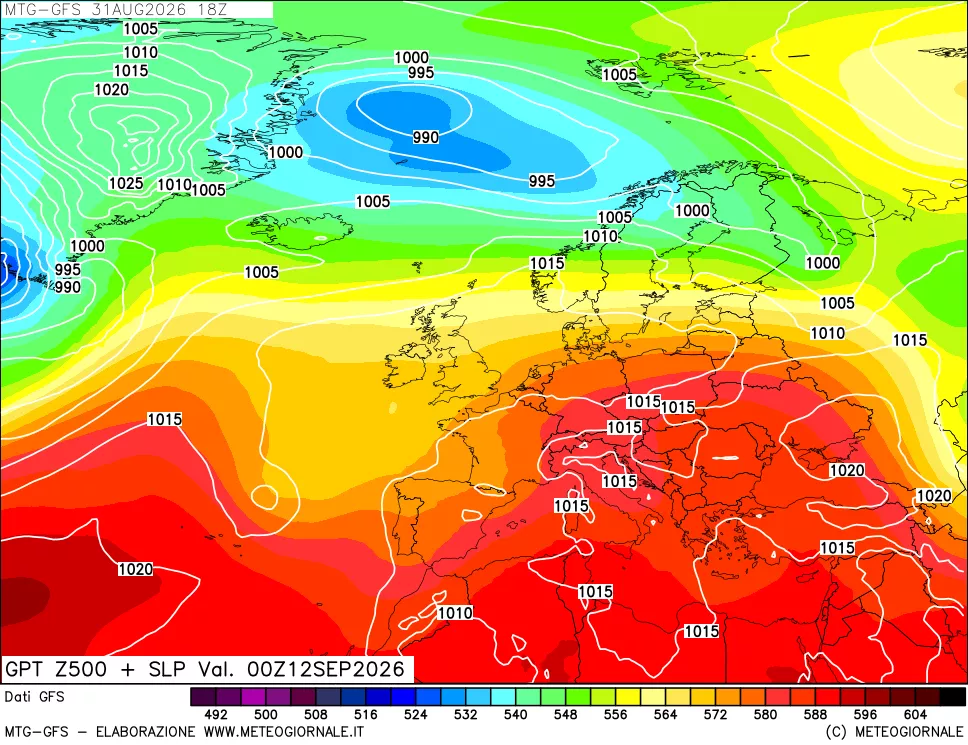 mappa GFS: Geopotenziale a 500 hPa + Pressione sul livello del mare
