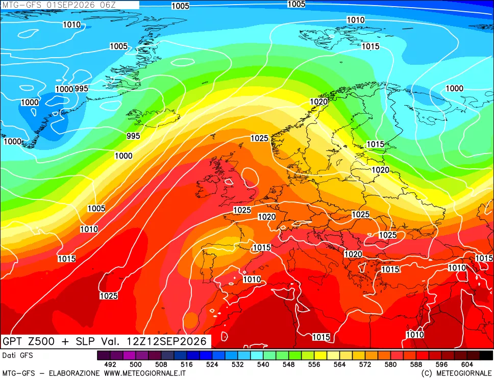 mappa GFS: Geopotenziale a 500 hPa + Pressione sul livello del mare