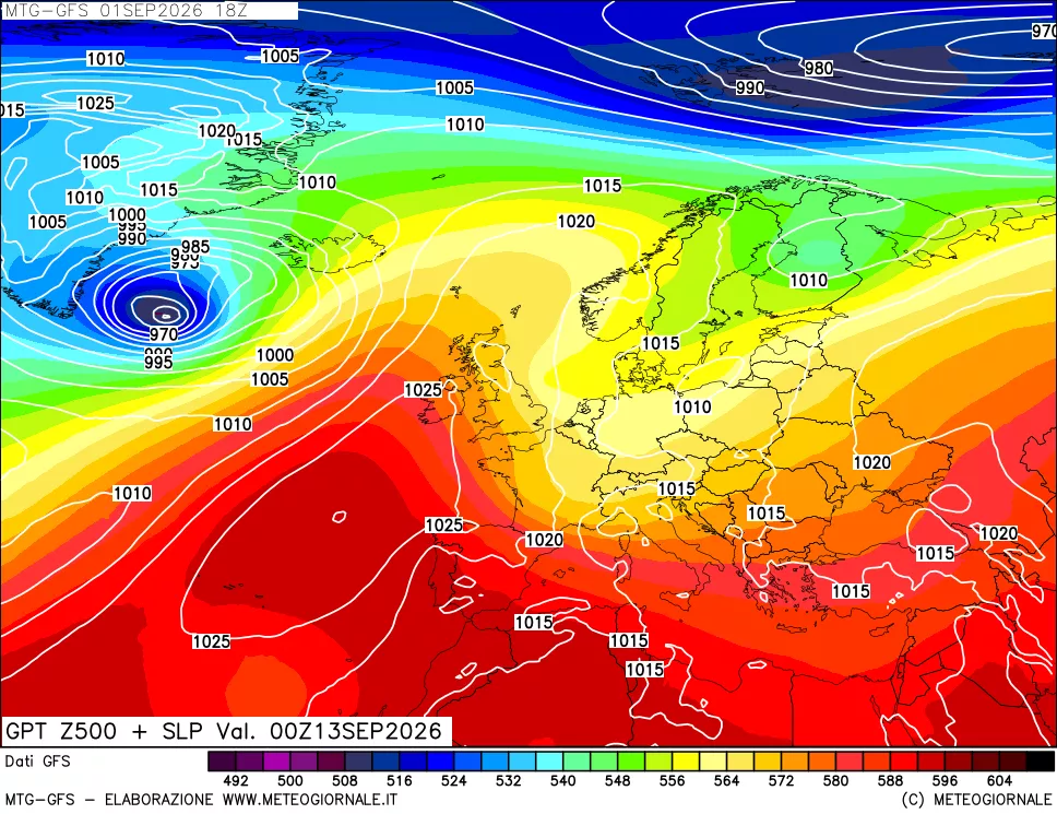 mappa GFS: Geopotenziale a 500 hPa + Pressione sul livello del mare