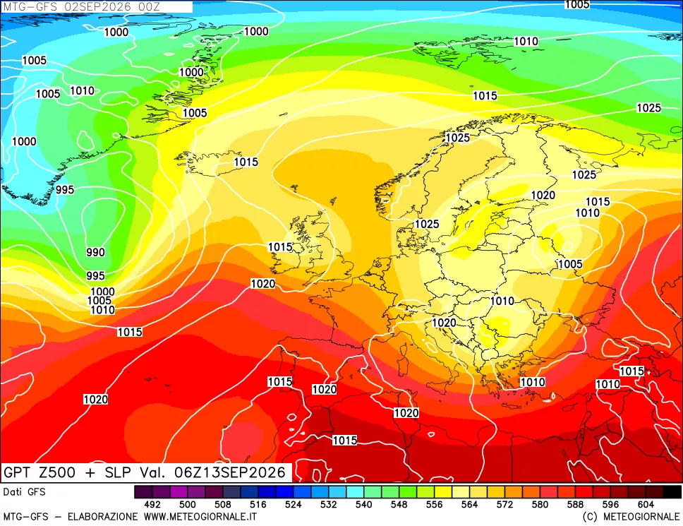 mappa GFS: Geopotenziale a 500 hPa + Pressione sul livello del mare